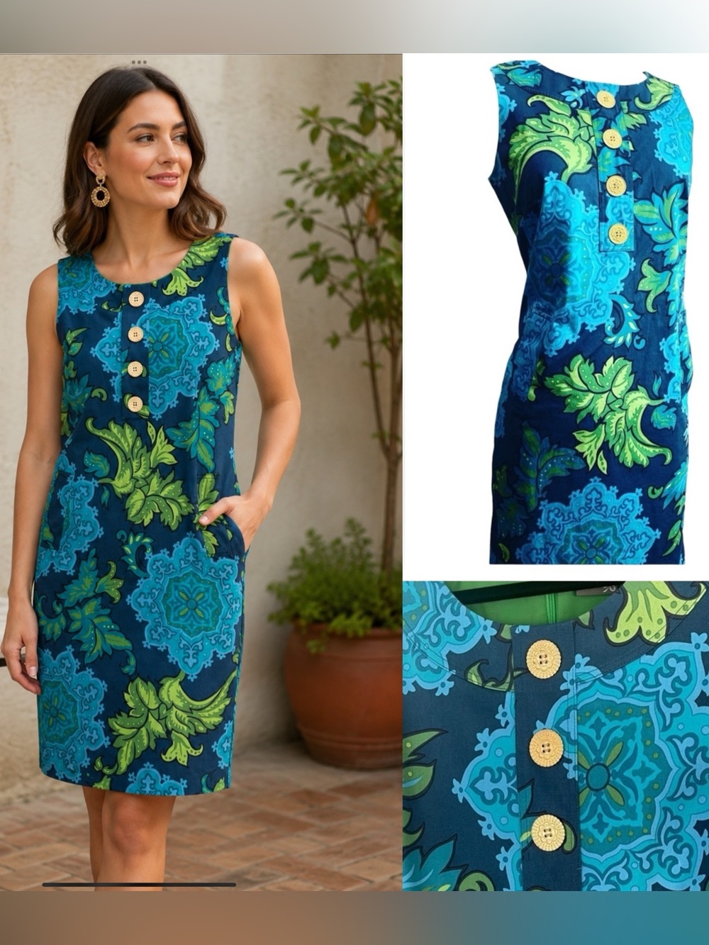 Taylor Cotton Blend‎ Green Teal Gold 70s Vibe Retro Size 6